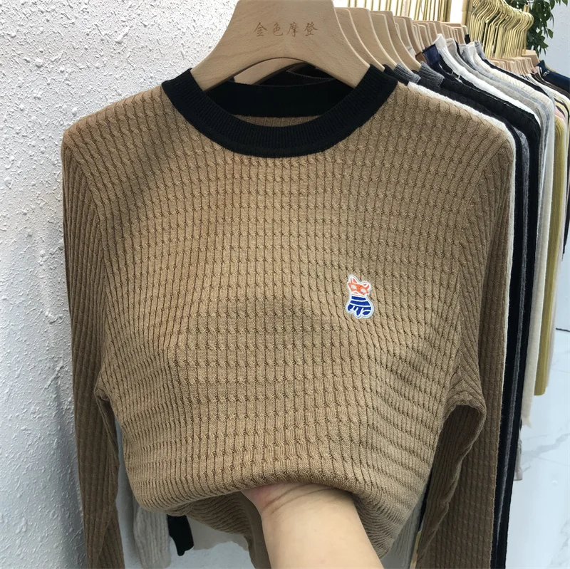 Осень и зима 2024 новый корейский шерстяной свитер с круглым вырезом вышитой нитью