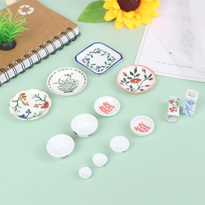 

1:12 Dollhouse Miniature Porcelain Plates Dishes Bowls Tableware Traditional Chinese New Year Dish Set Dollhouse Kitchen Decor