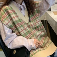 kawaii sweater vest women korean preppy style fashion plaid casual teens sweaters v neck oversized vintage sleeveless outerwear