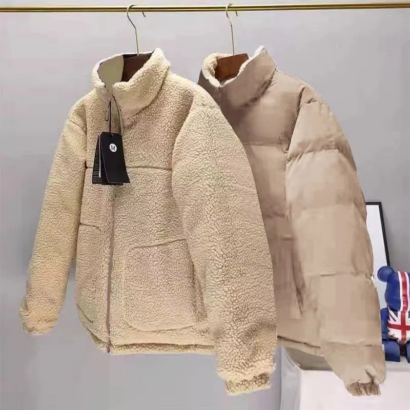 Women Fashion Lovers Lamb Velvet Warm Cotton Clothes For Men And Women Down Jacket Wear Both Sides Loose Stand-up Collar Jacket