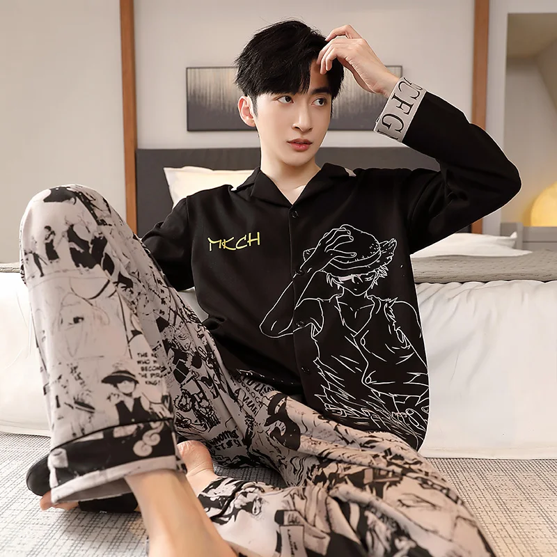 Spring Men Cotton Pajamas 2 Pieces Homewear Cartoon Anime Japan Pijama Nightwear Long Sleeves Black Sleepwear for Young Students