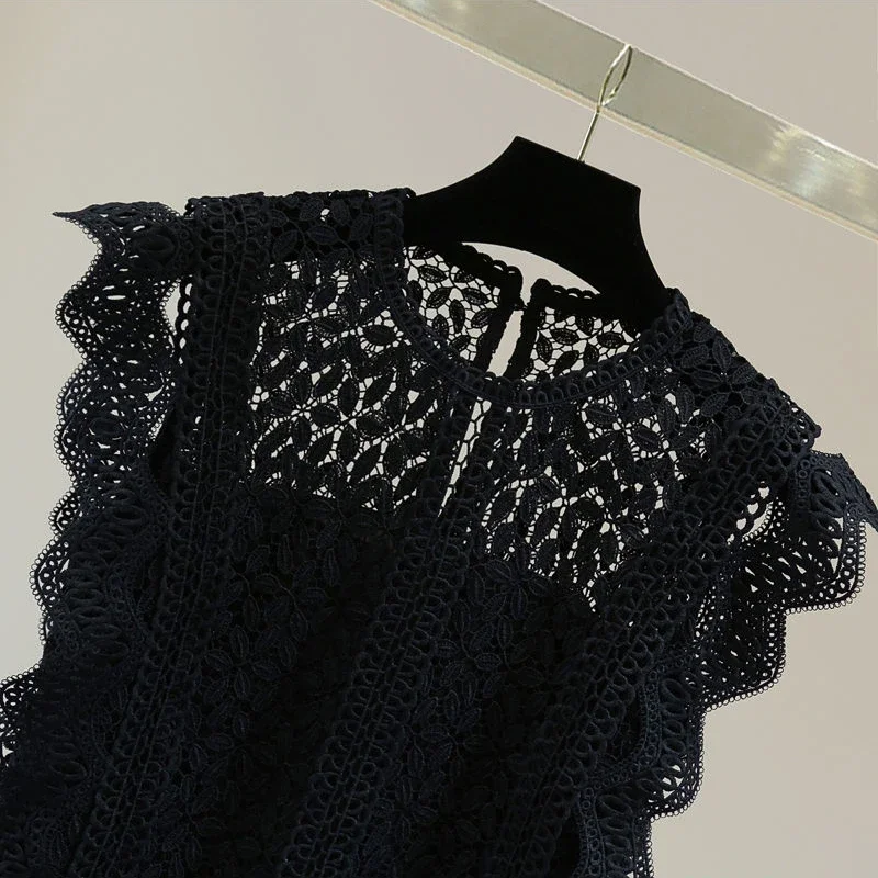 Сплошная цветная ажурная кружевная блузка без рукавов женская винтажная