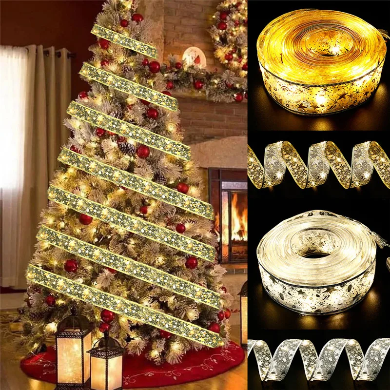 

Christmas Tree Decorations Double Layer Ribbon LED Light String Noel Xmas Navidad 2022 Christmas Ornament for Home Garden Decor
