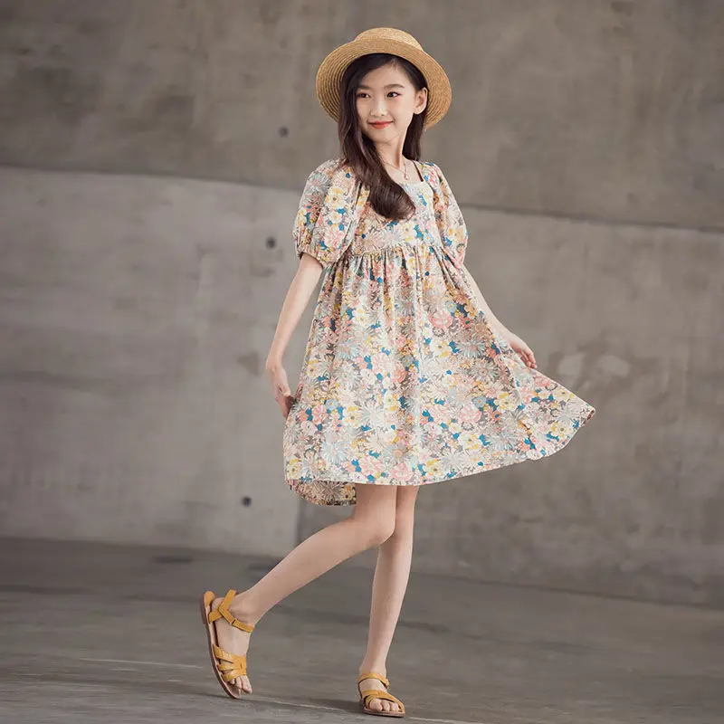 

Летнее модное платье для девочек, одежда с пышными короткими рукавами для детей, новый модный праздничный костюм принцессы с цветочным прин...