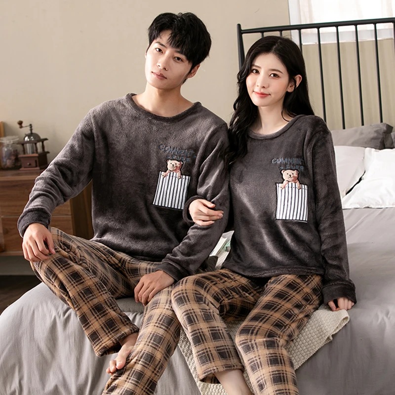 

QUHENG Plus Size Flannel Pajama Set for Men 2022 Winter Long Sleeve Thick Warm Korean Cute Cartoon Sleepwear Woman‘s Homewear