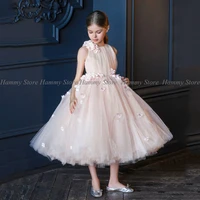 baby pink flower girl dress o neck sleeveless 3d flowers ruched ball gown girl bithday party gown kids first communion dress