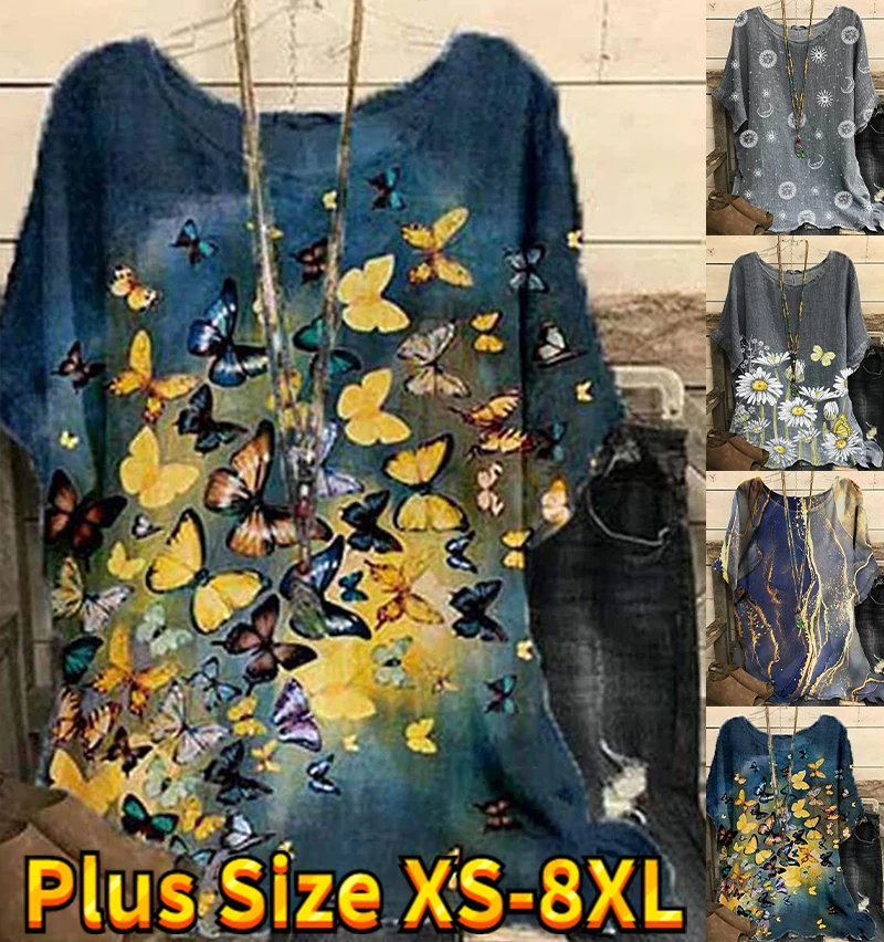 

2023 летний пуловер с круглым вырезом, футболка с цветочным принтом, Женский Повседневный пуловер, женский модный топ, футболка оверсайз с кор...