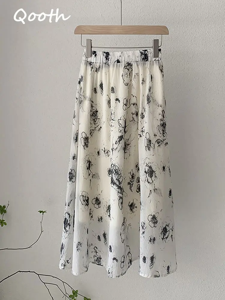 

Qooth Spring Summer Women High Waisted Floral Printed Skirts Women Elegant Mid-length White Green Khaki Skirt QT1803