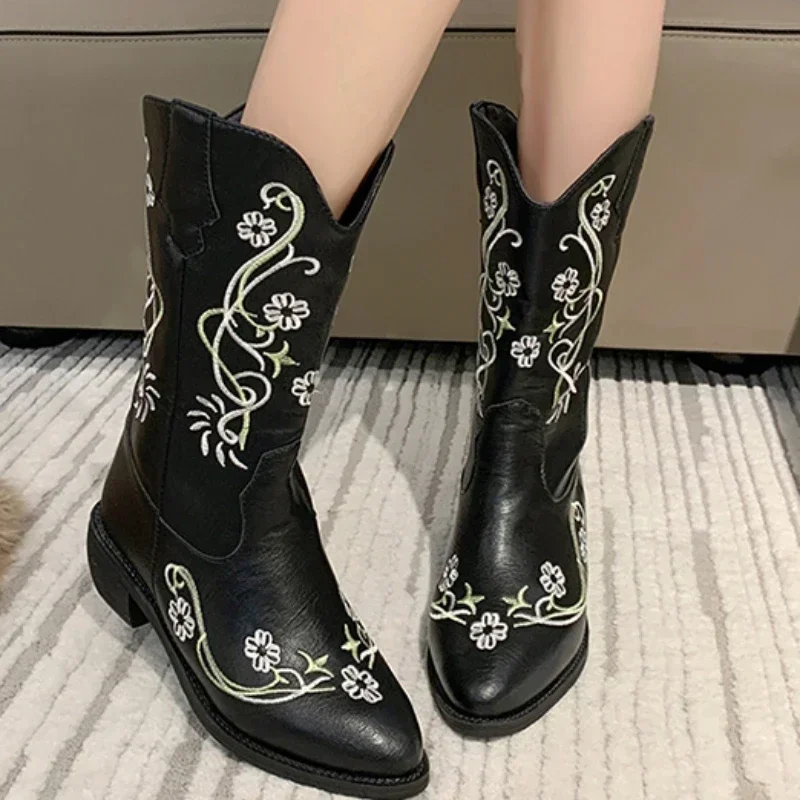 

Shoes for Women 2023 Hot Sale Slip on Women's Boots Autumn Pointed Toe Solid Concise Mid-Calf Chunky Heels Western High Boots