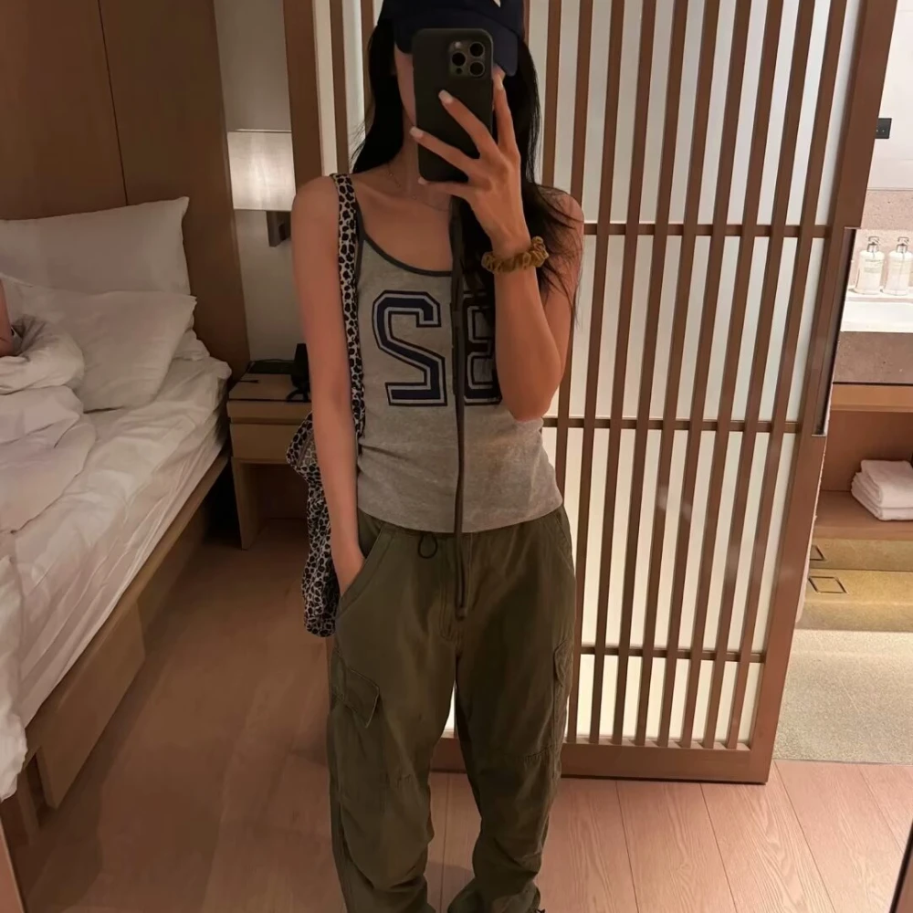 Серый тонкий укороченный топ с принтом 32 женский летний винтажный без рукавов на