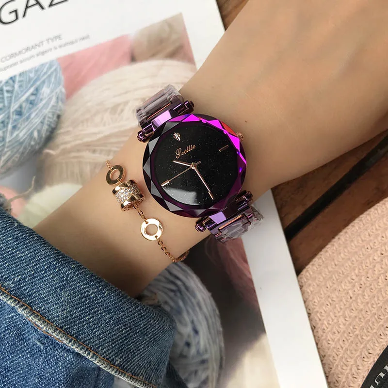 

Scottie Brand Fashion Wristwatches Women Stainless Steel Band Women Bracelet Dress Quartz Watch Starry Purple Relogio Feminino