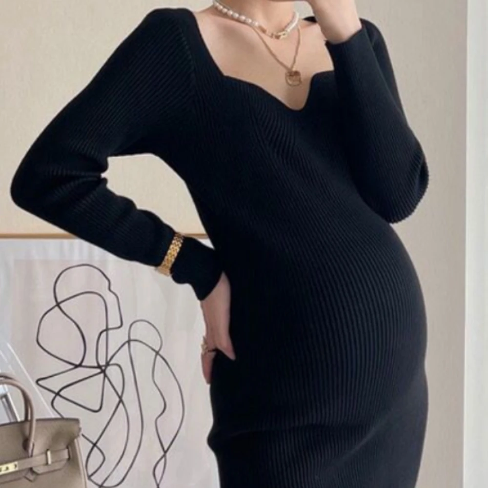 Maternity Dress Winter Retro Knitted Dress V-neck High Elastic Not Stretch Belly Fabric Soft Comfortable Warm Maternity Wear