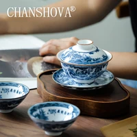 chanshova 150ml chinese style tea tureen gaiwan handpainted ceramic tea cup set blue and white porcelain tea set tea bowl c029