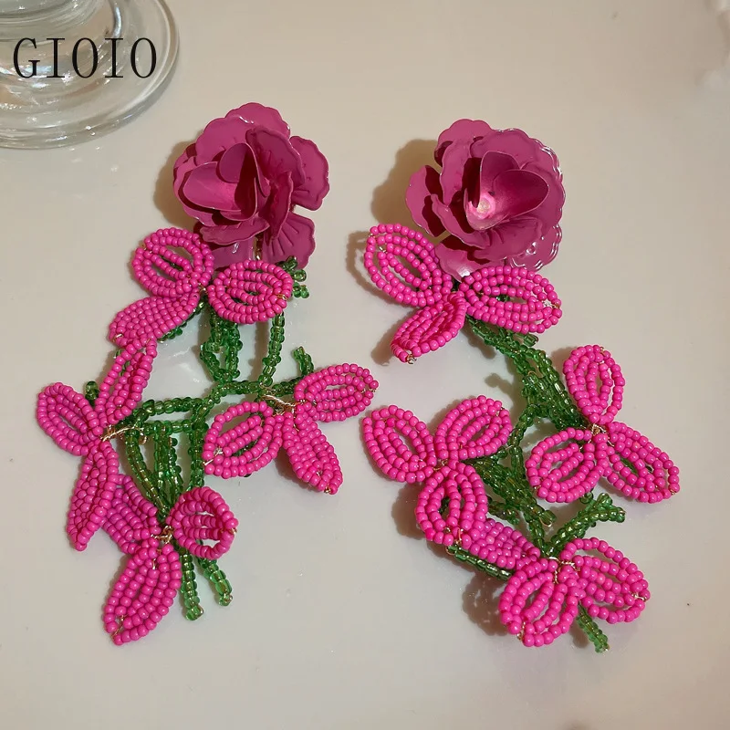

925 Silver Needle Rose Red Flower Bead Earrings Boho Fashion Earrings Sweet Ethnic Earring jewelry drop earrings baroque earring