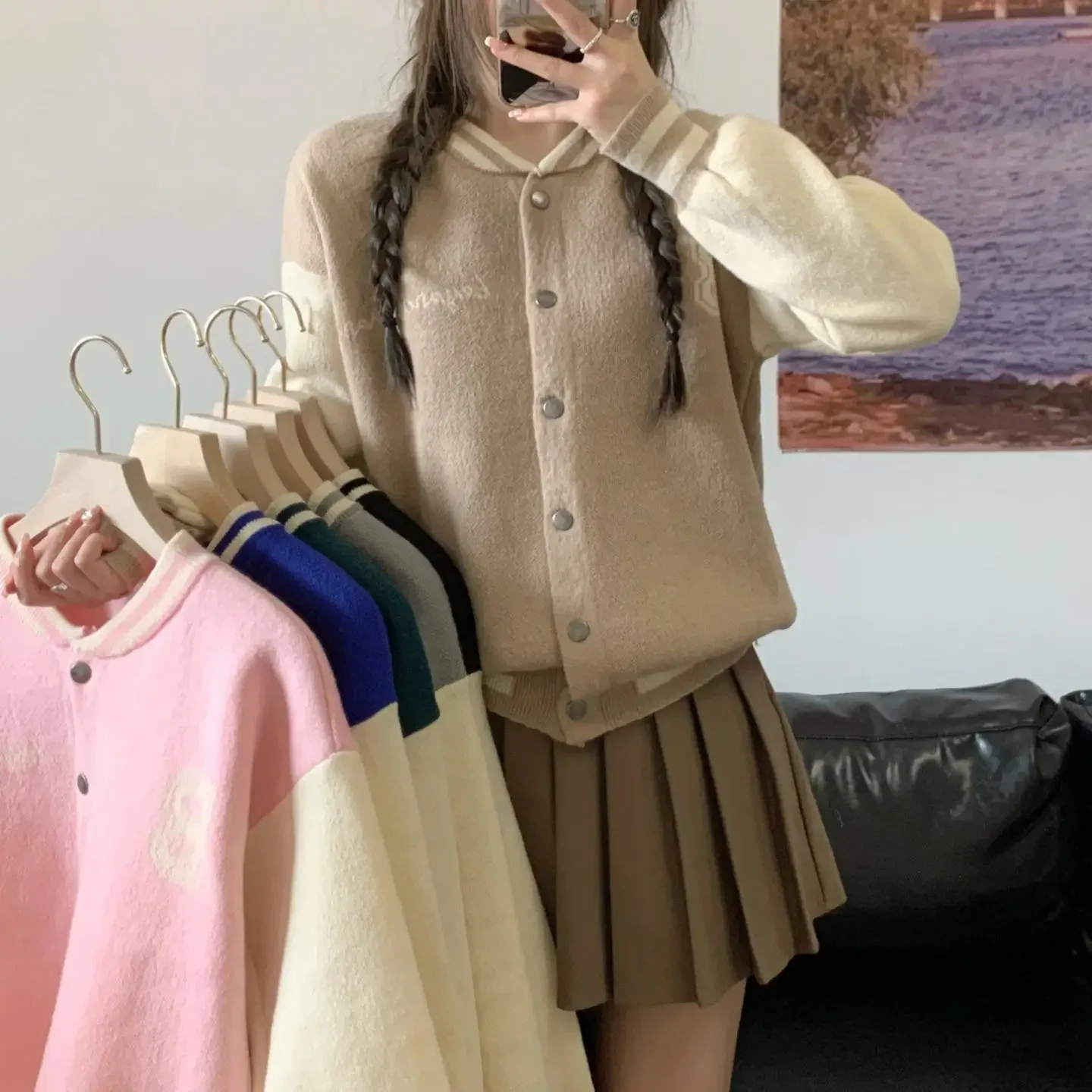 Модный повседневный бейсбольный трикотаж с буквенным принтом вязаный кардиган