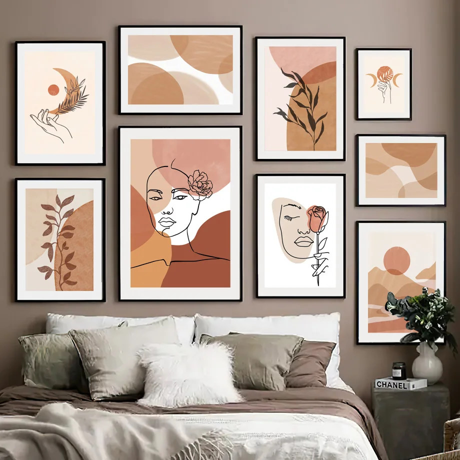 

Boho Abstract Line Woman Leaf Sun And Moon Wall Art Canvas Painting Nordic Poster And Prints Wall Pictures For Living Room Decor