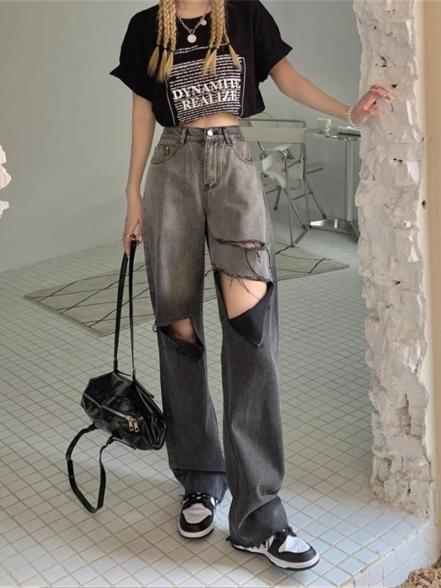 Джинсы женские рваные прямые в стиле Харадзюку забавные брюки-карго свободного