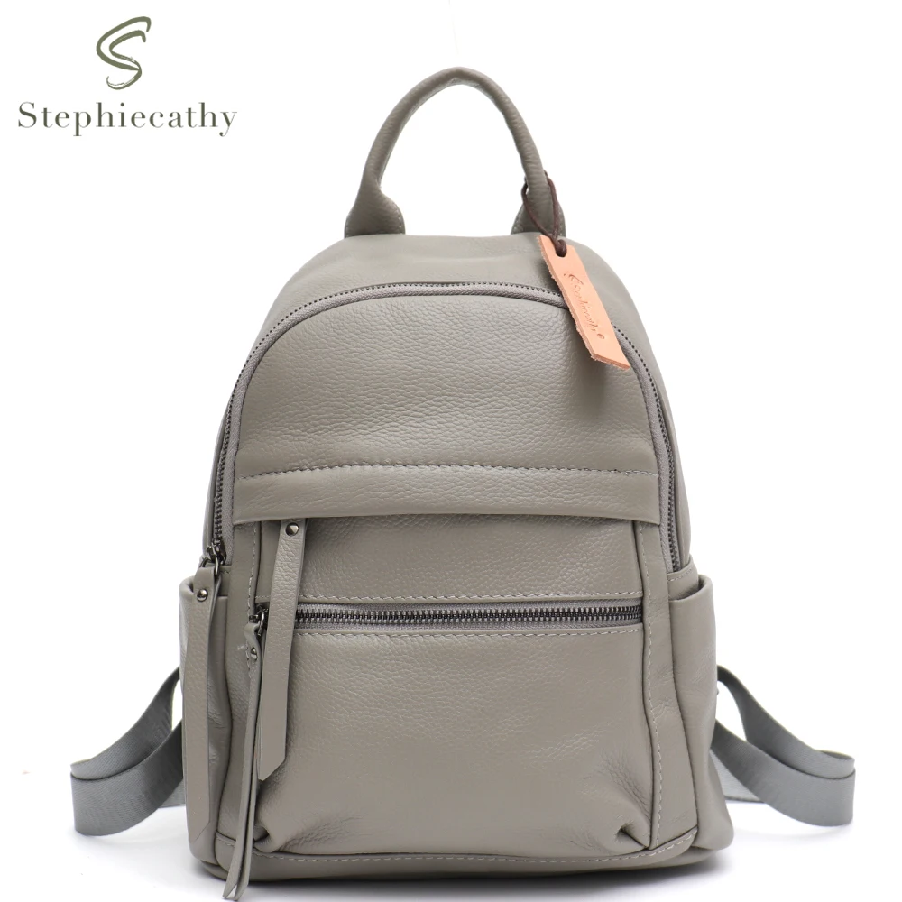 SC Women Fashion Genuine Leather Backpack Casual Functional Pocket School Satchel Shoulder Bag Daily Cow Skin Knapsack Versatile