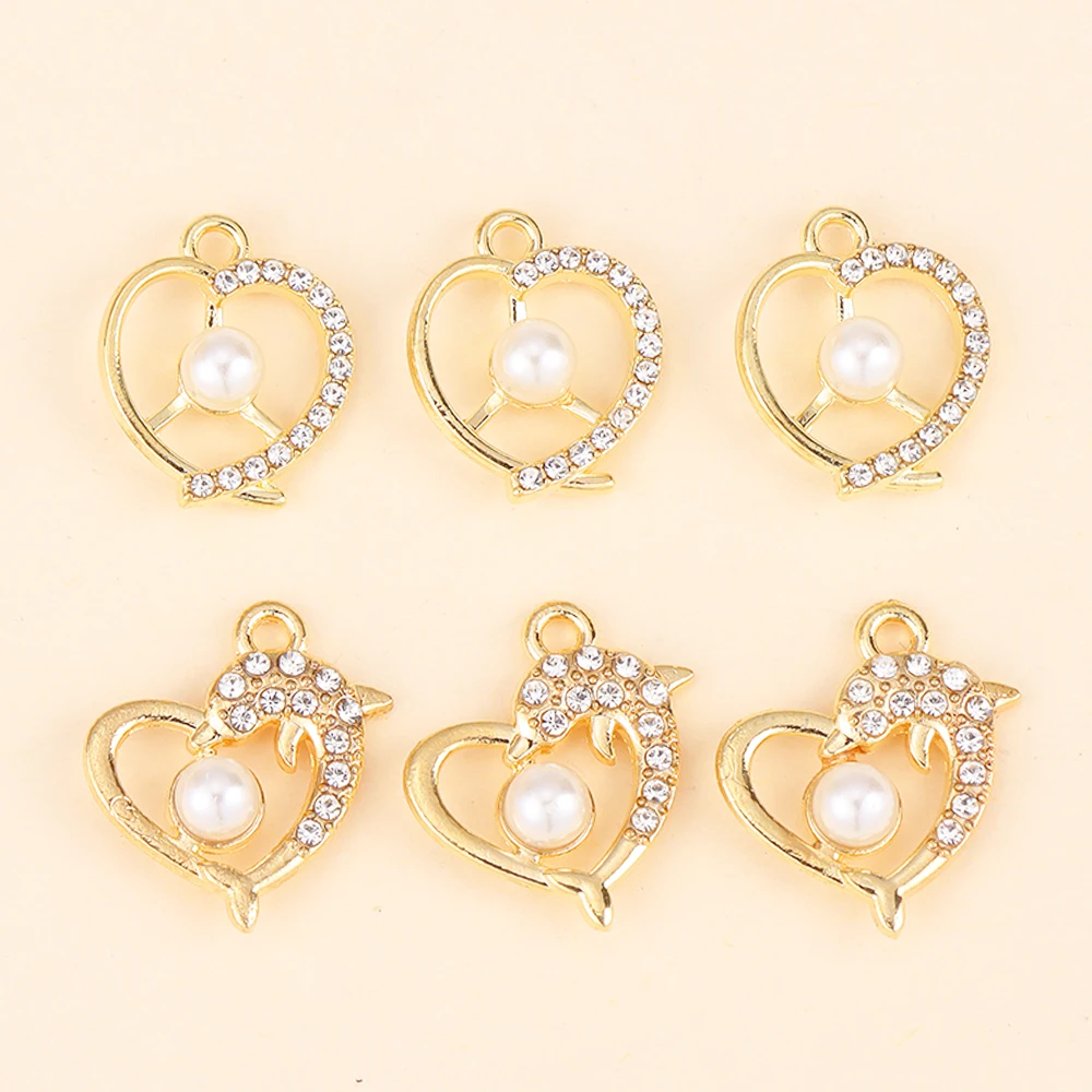 

10Pcs Inlaid Pearl Heart Charms Gold Color Alloy Zircon Pendant Necklace Earrings Women Fine Wedding Jewelry Anniversary Gift