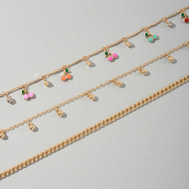 New European and American Coloured Oil-dripping Cherry Ball Pendant Chain Triple Anklet with Diamond Multi-layered Footwear