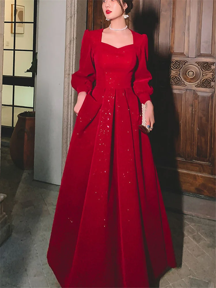 

Женское платье с длинным рукавом, однотонная длинная юбка-трапеция с квадратным вырезом, весна-осень 245