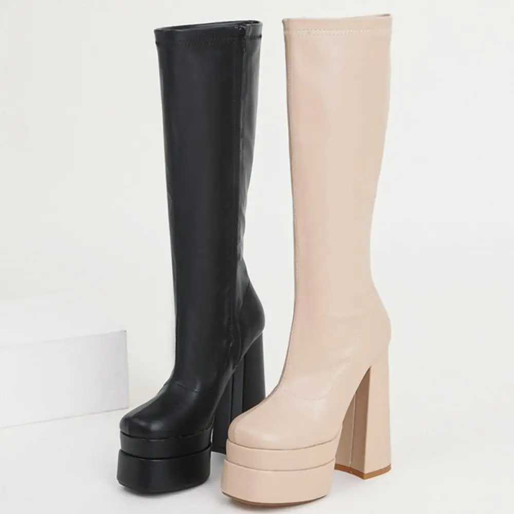 

Женские высокие сапоги 14 см, осенне-зимняя обувь на платформе, высокие эластичные кожаные сапоги на толстой подошве, женская обувь