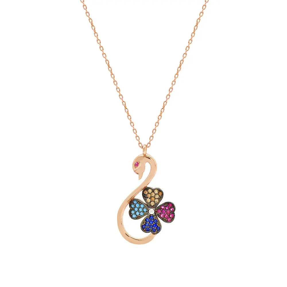 

Nipora Zircon Stone Clover Flower Detailed Swan Design Rose Color 925 Sterling Silver Women Necklace