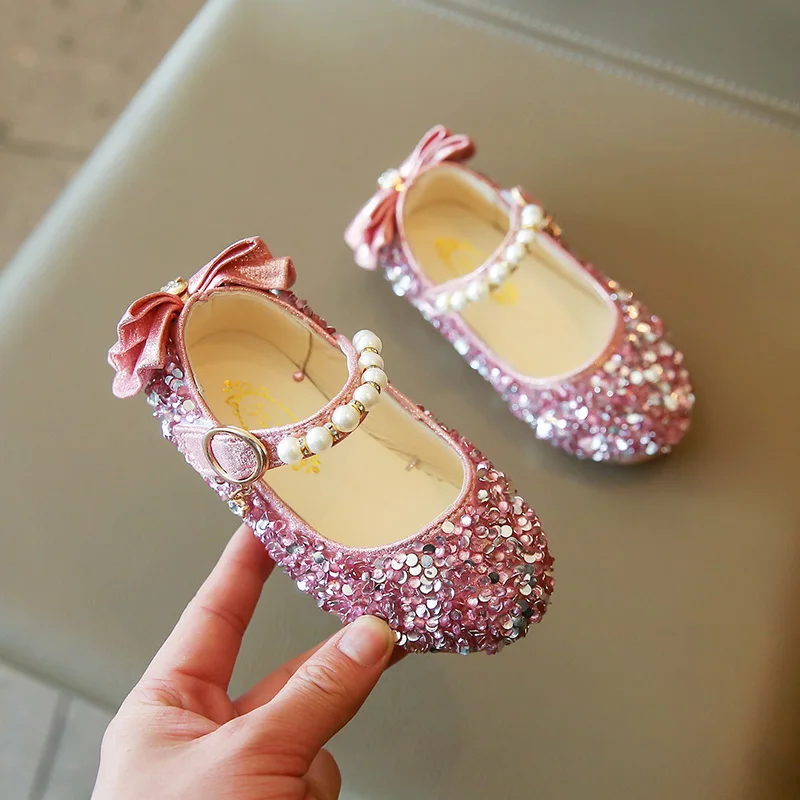 

New Children Leather Shoes Rhinestone Bow Princess Girls Party Dance Shoes Baby Student Flats Kids Performance Shoes
