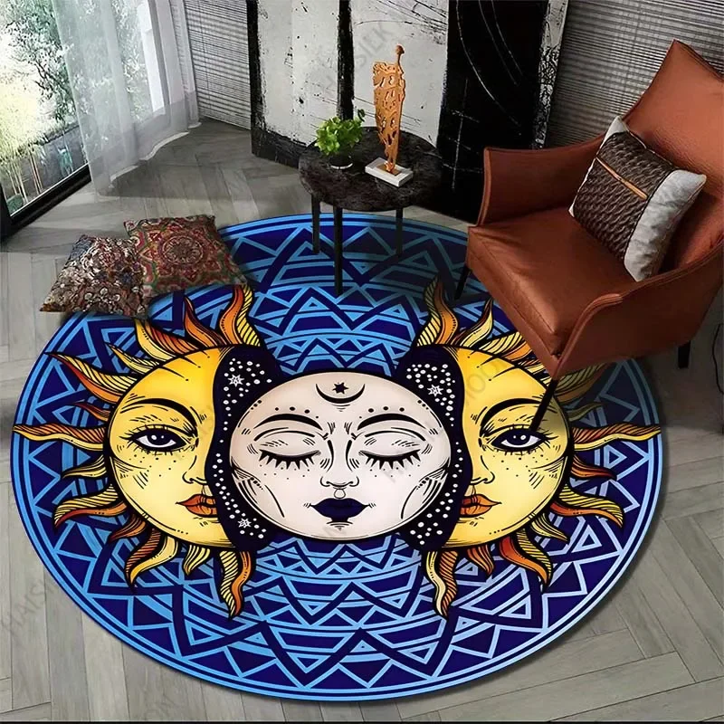 Круглый ковер с художественным принтом Солнца и Луны для гостиной фланелевой