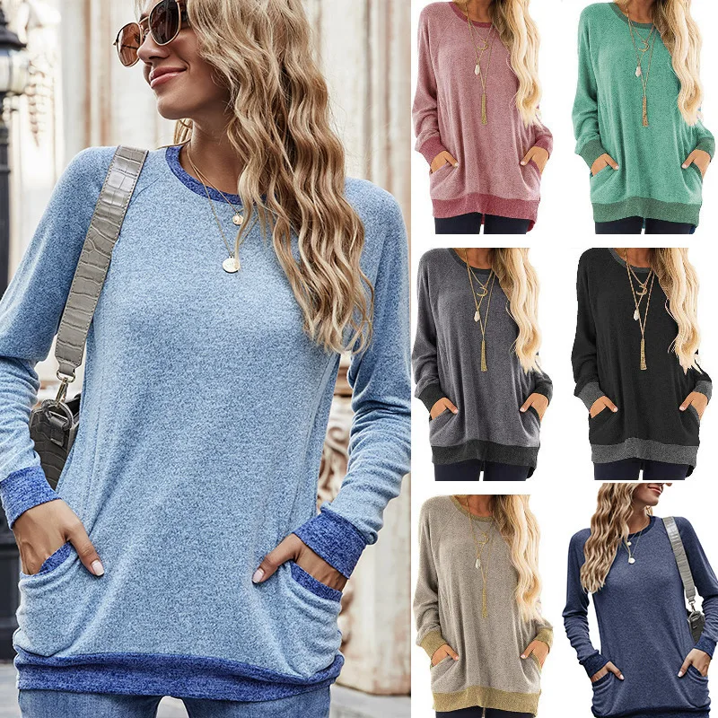 

2020 Women Autumn Pocket Pullover Sweatshirt Spring Casual Shirts New Fashion Ladies Clothing O-Neck Top Long Sleeve Streetwear