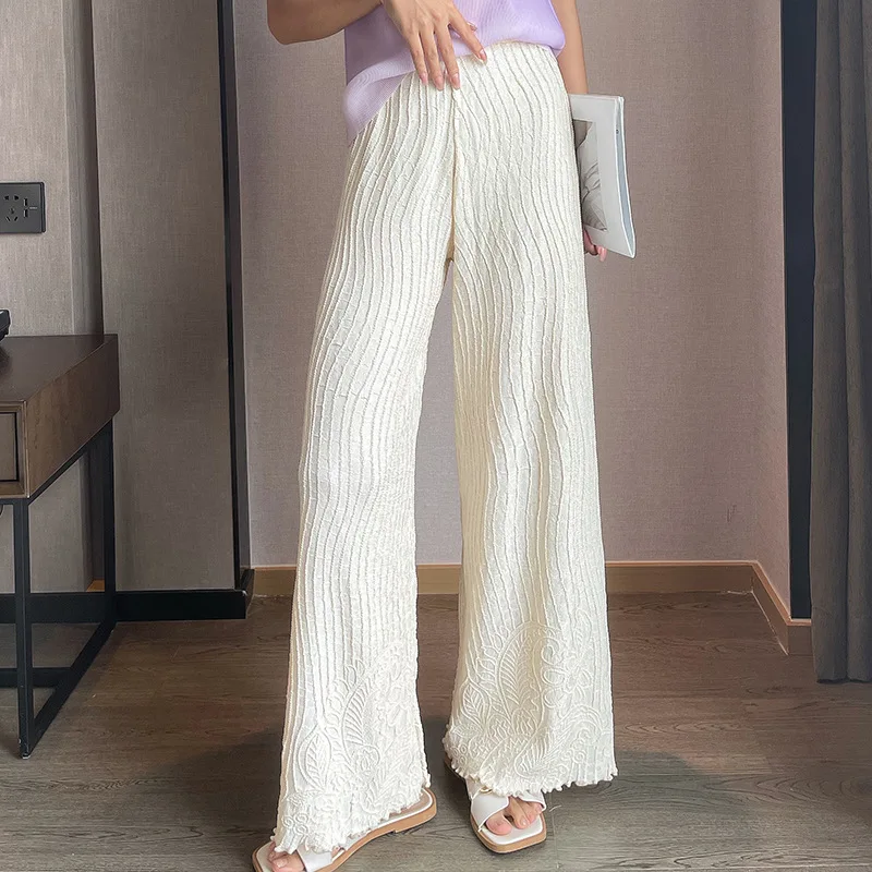 Miyake pleated loose wide-leg pants summer comfortable casual pants women's embroidered wide-leg pants fashion trend