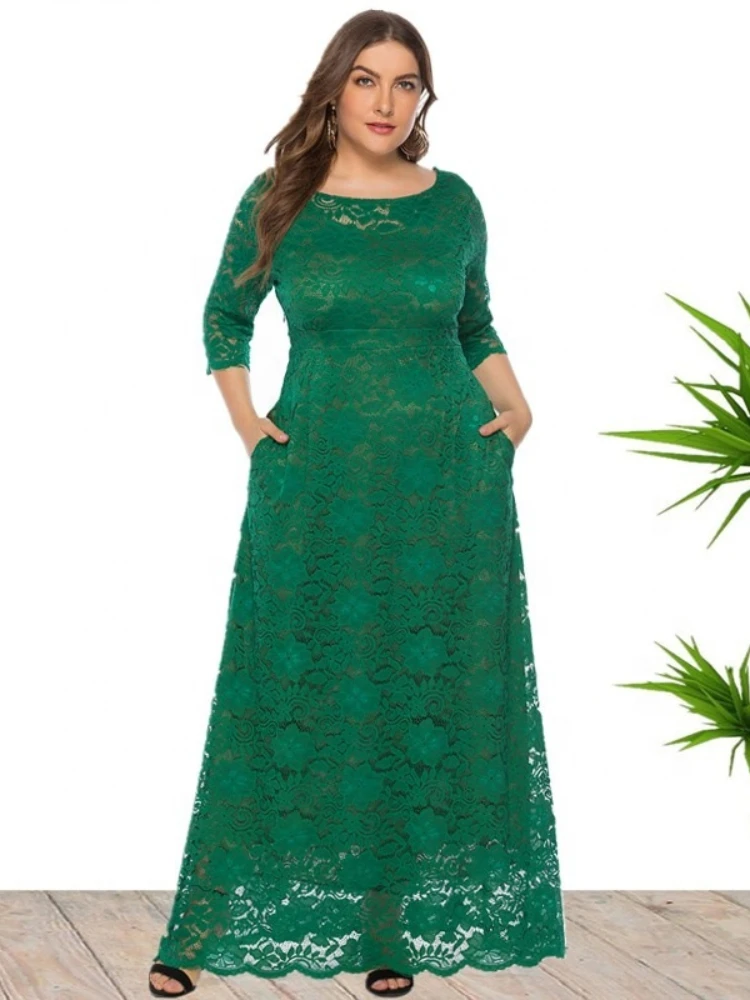 Plus-size women's new openwork lace pocket dress high-quality evening dress long dress party dress