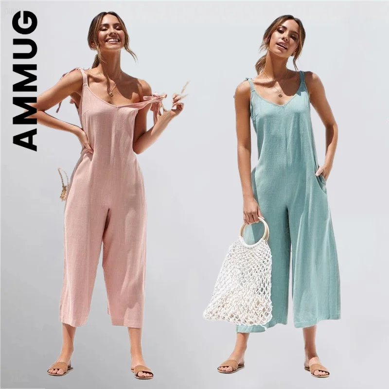 

Ammug Women Sleeveless Rompers Spring Summer Loose Jumpsuit O Neck Casual Backless Overalls Trousers Wide Leg Pants