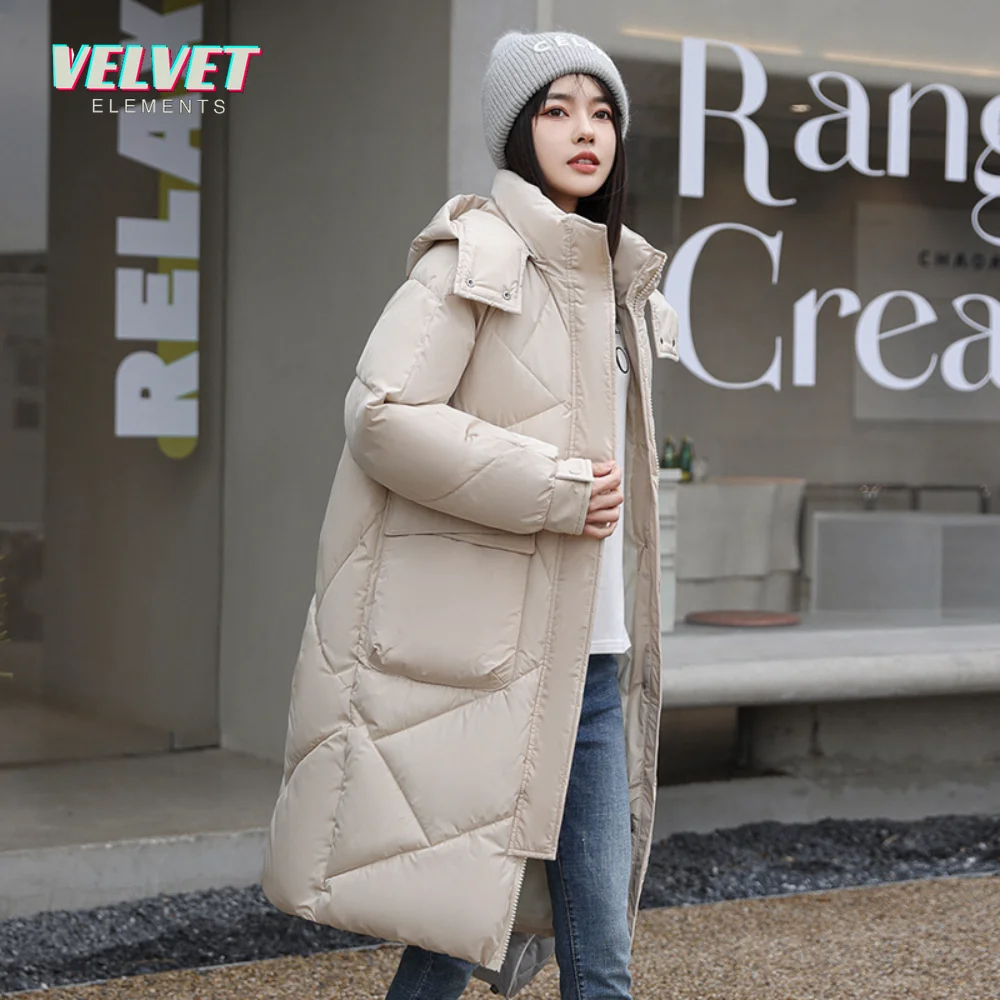 VE 2023 Snow Wear Warm New Solid Winter Coat for Women Down Jacket Warm Casual Loose Hooded Winter Women Jacket Long Parkas