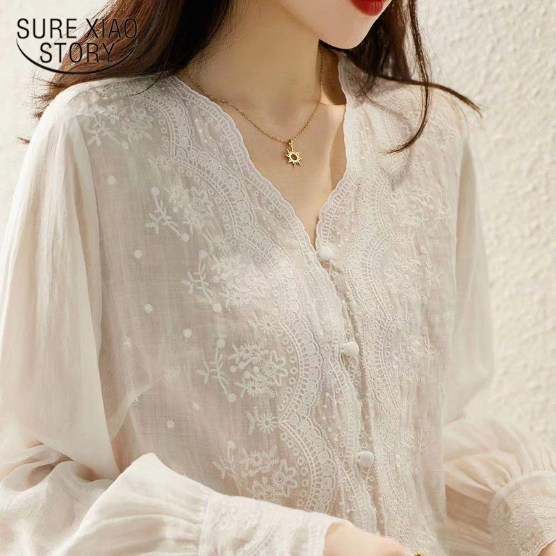 French Embroidery Flower Lace Shirt Women's V Neck Sweet Long Sleeve Linen Blouse Women Autumn Loose Elegant Sunscreen Top 16108