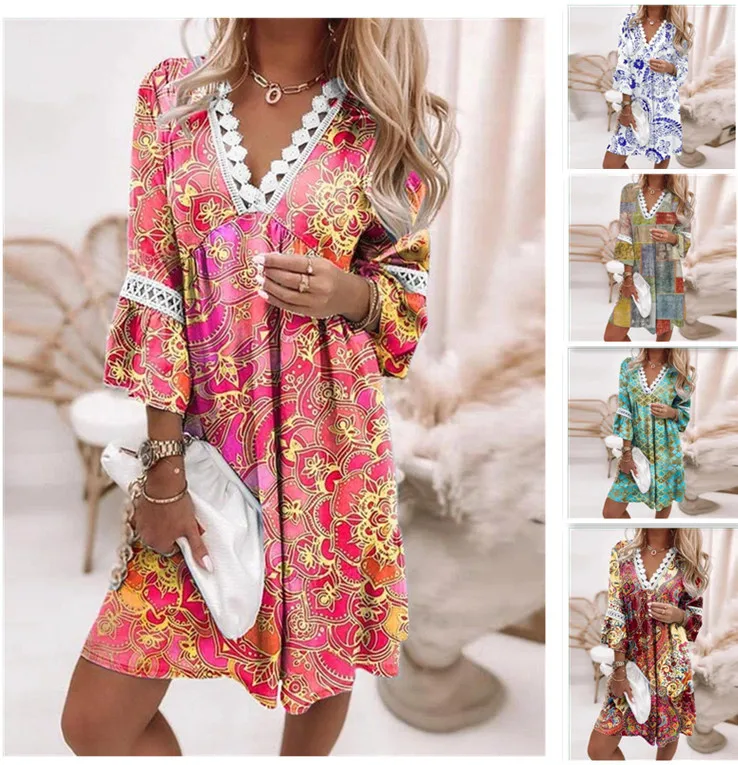 

Женское винтажное платье с принтом, кружевное платье с V-образным вырезом, расклешенные Элегантные платья средней длины, новинка 2022, повседн...