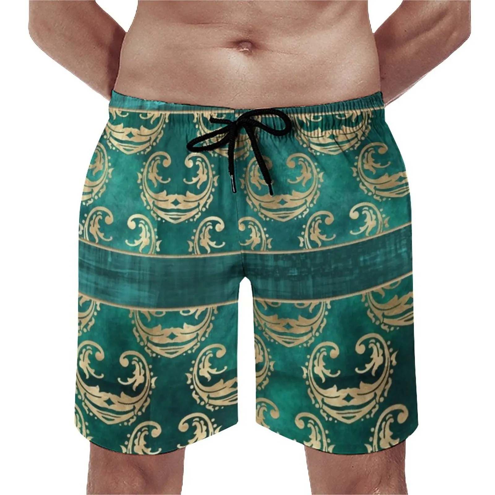 

Retro Baroque Board Shorts Summer Gold Vintage Damask Sports Surf Beach Short Pants Men Casual Design Plus Size Swimming Trunks