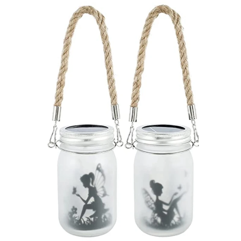

2 Pack Solar Fairy Lantern Garden Decorations Outdoor Fairies Night Lights Gifts Hanging Lamp Frosted Glass Jar Lights