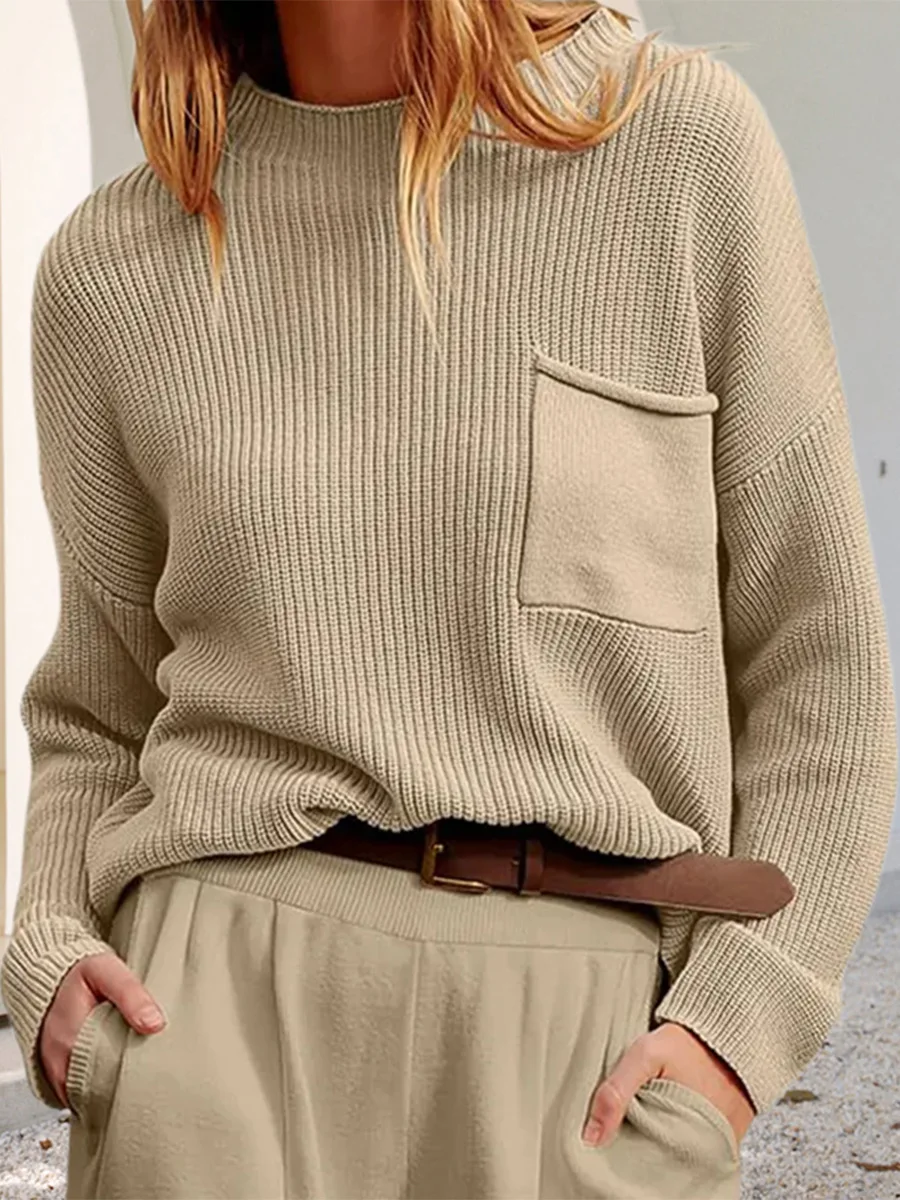 

Foridol Ribbed Casual Women Winter Sweater Jumper Autumn Loose Khaki Solid Basic Pockets Fashion Jersey 2023 New Pullover