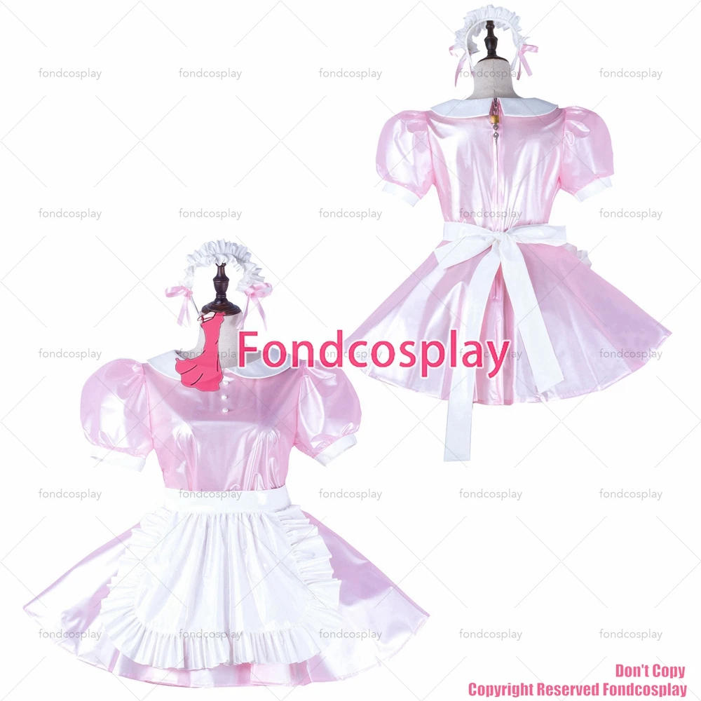 

fondcosplay adult sexy cross dressing sissy maid pink clear pvc dress lockable white apron Peter Pan collar CD/TV[G2230]