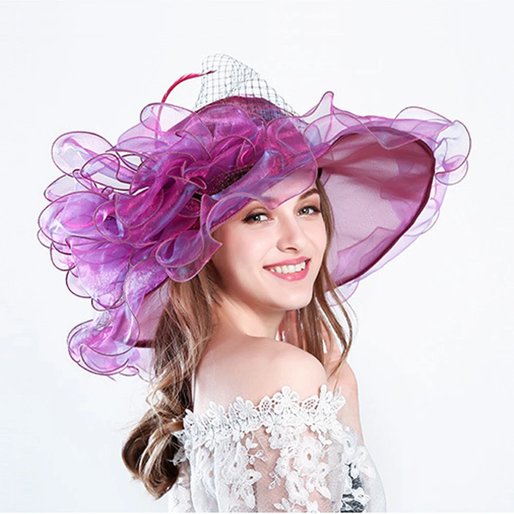 

Элегантные женские шапки с цветочным принтом, шляпы от солнца с широкими полями, Кентукки, Дерби, шляпы от солнца для церкви, свадьбы, вечеринки, пляжная шляпа, шляпы из органзы для женщин