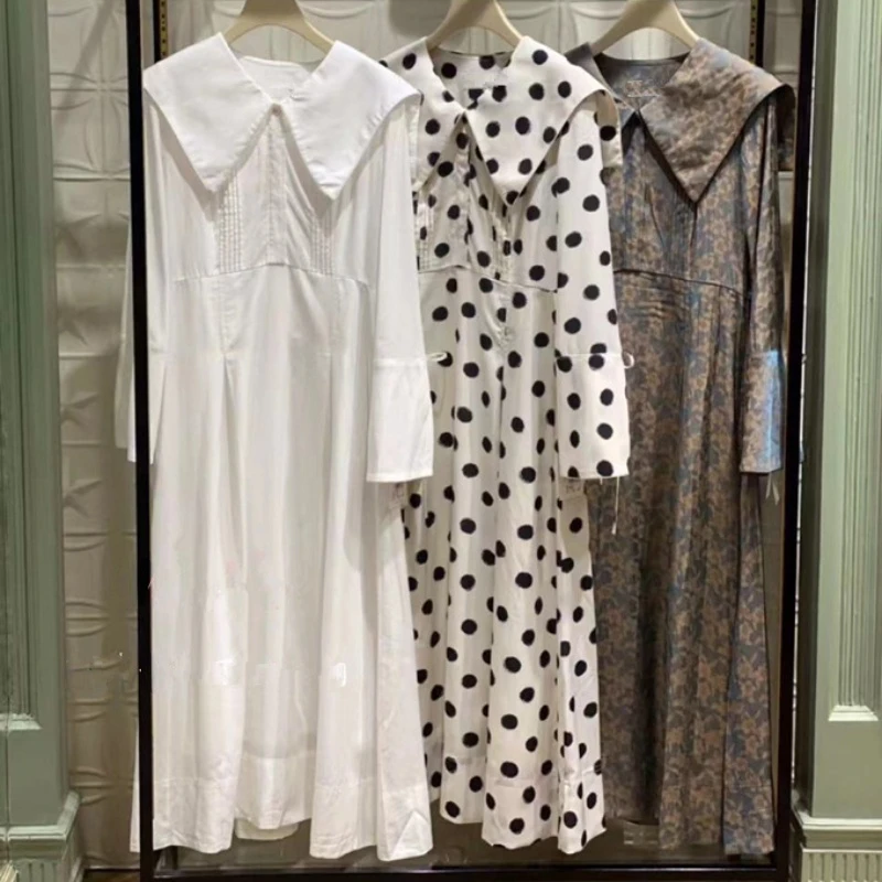 

Sailor Collar Polka Dot Print Dress Women Drawstring Flare Sleeve Robe Femme Spring Elegant Temperament High Waist Vestidos