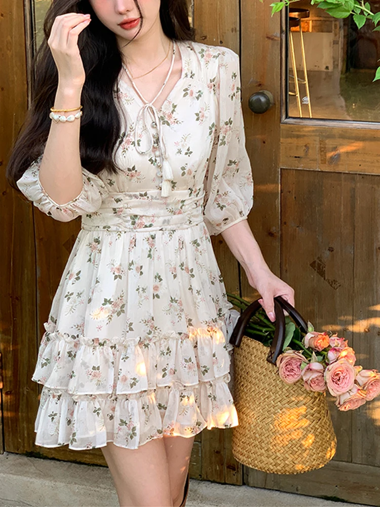 

French Elegant Dress Women Boho Beach Style Floral Mini Dress Evening Party 2022 Summer Fairy Sweet One Piece Dress Korean Chic