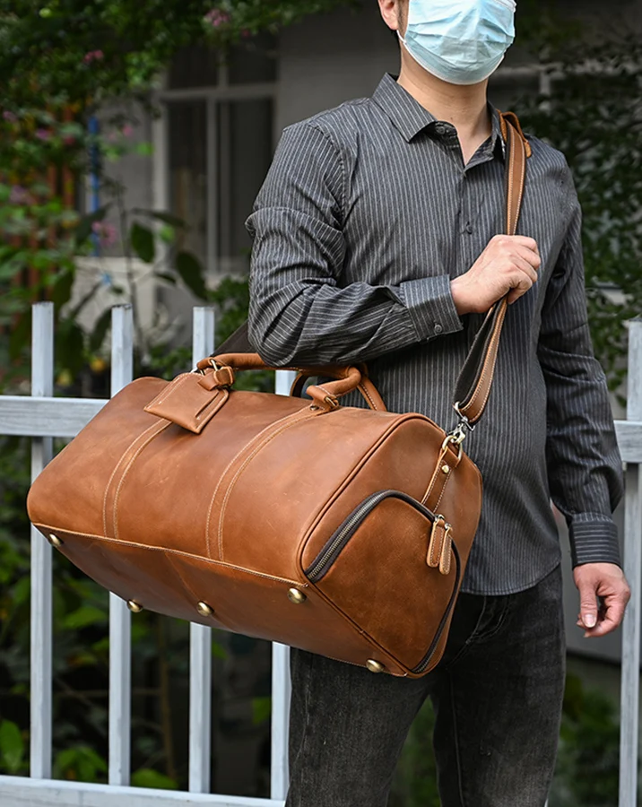 Vintage Genuine Leather Travel Bag Men 50CM Large Real Leather Overnight Bag Crazy Horse Leather Travel Duffle With Shoes Pocket