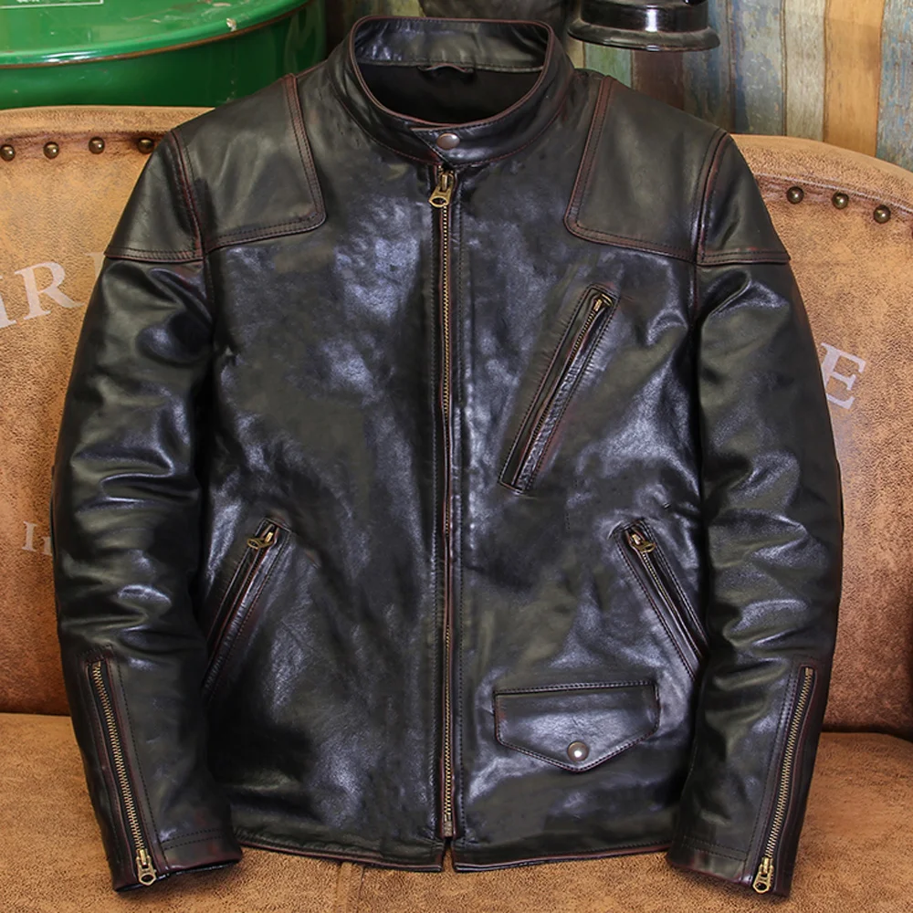 

Fashion Old US Style Motorcycle Leather Jacket Mans Horsehide Coat Winter Autumn Season Genuine Leather Outerwear Streetwear