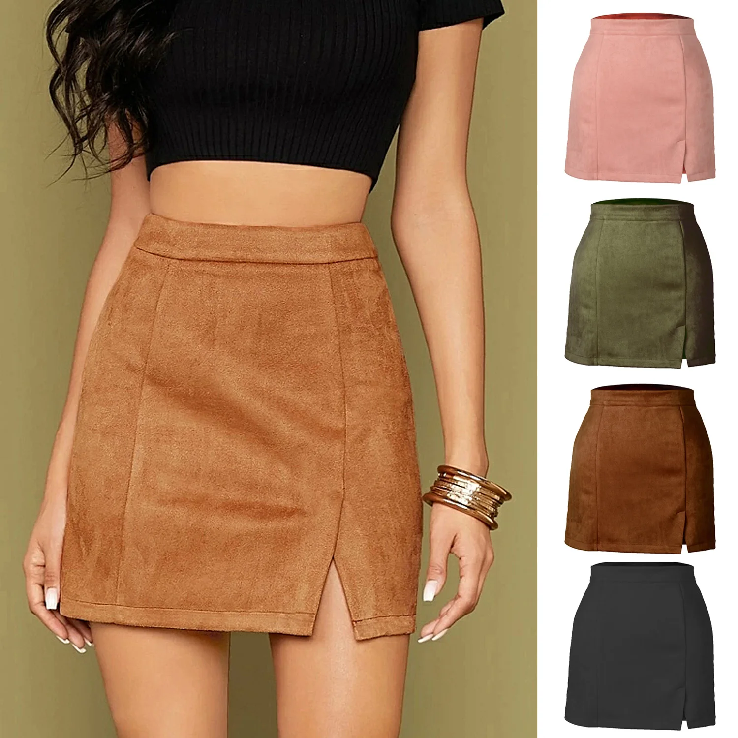 

Autumn Winter Women's Suede Bag Hip Skirt High Waist Skirts with Zipper A-line Solid Colors Jupe Taille Haute Female Sexy Mini