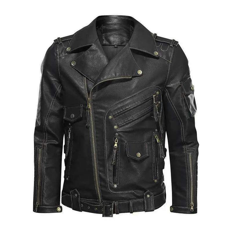 Motorcycle Pu Leather Jacket Multi-pocket Zippered Leather Jacket Men's Autumn And Winter Punk Jacket
