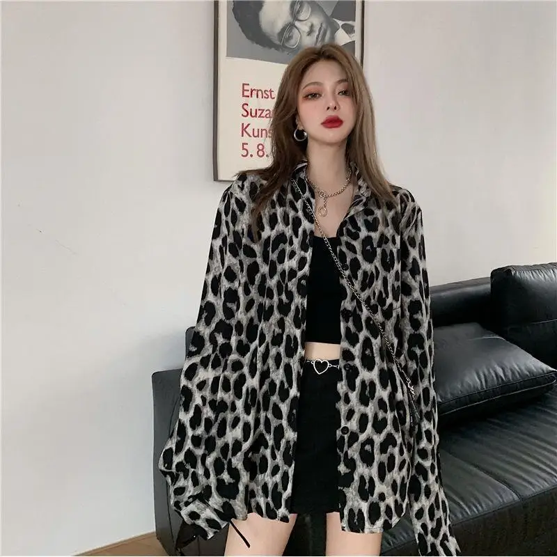 Vintage Leopard Print Long Sleeve Shirts Spring New Plus Size Loose Versatile Blouse Casual Fashion Women Clothing