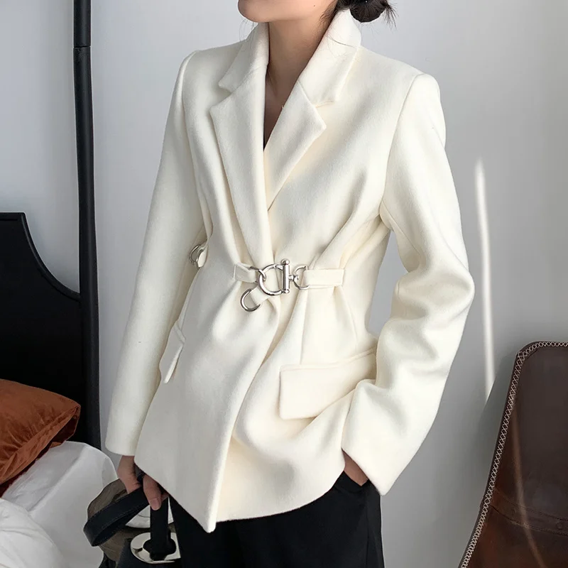 Jacket Woollen Women White 2023 New Winter Office Ladies Elegant Lapel Belt Buckle Wool Blazer Coat Female