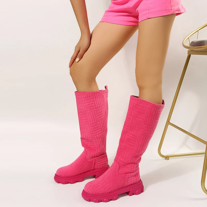 Женские весенние модные ботинки до колена с круглым носком современные на